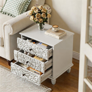 English Elm Carved Wood 3 Drawer Nightstand Embossed Floral Scrollwork Farmhouse Bedroom Accent White W1445P517324