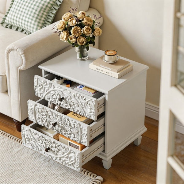 English Elm Carved Wood 3 Drawer Nightstand Embossed Floral Scrollwork Farmhouse Bedroom Accent White W1445P517324