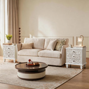 English Elm Carved Wood 3 Drawer Nightstand Embossed Floral Scrollwork Farmhouse Bedroom Accent White W1445P517324