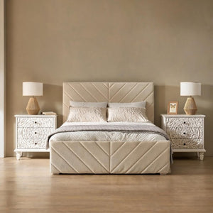 English Elm Carved Wood 3 Drawer Nightstand Embossed Floral Scrollwork Farmhouse Bedroom Accent White W1445P517324
