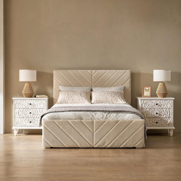 English Elm Carved Wood 3 Drawer Nightstand Embossed Floral Scrollwork Farmhouse Bedroom Accent White W1445P517324