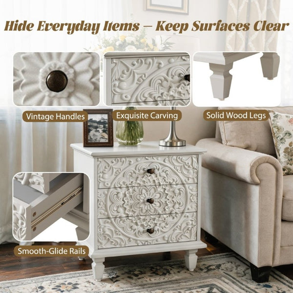 English Elm Carved Wood 3 Drawer Nightstand Embossed Floral Scrollwork Farmhouse Bedroom Accent White W1445P517324
