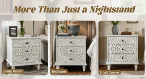 English Elm Carved Wood 3 Drawer Nightstand Embossed Floral Scrollwork Farmhouse Bedroom Accent White W1445P517324