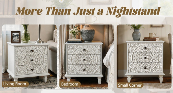 English Elm Carved Wood 3 Drawer Nightstand Embossed Floral Scrollwork Farmhouse Bedroom Accent White W1445P517324