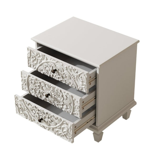English Elm Carved Wood 3 Drawer Nightstand Embossed Floral Scrollwork Farmhouse Bedroom Accent White W1445P517324