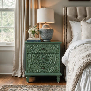 English Elm Carved Wood 3 Drawer Nightstand Embossed Floral Scrollwork Farmhouse Bedroom Accent Green W1445P517325