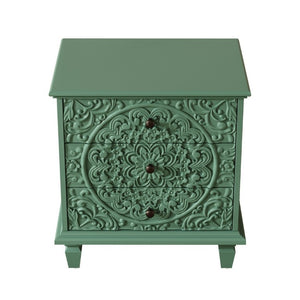 English Elm Carved Wood 3 Drawer Nightstand Embossed Floral Scrollwork Farmhouse Bedroom Accent Green W1445P517325