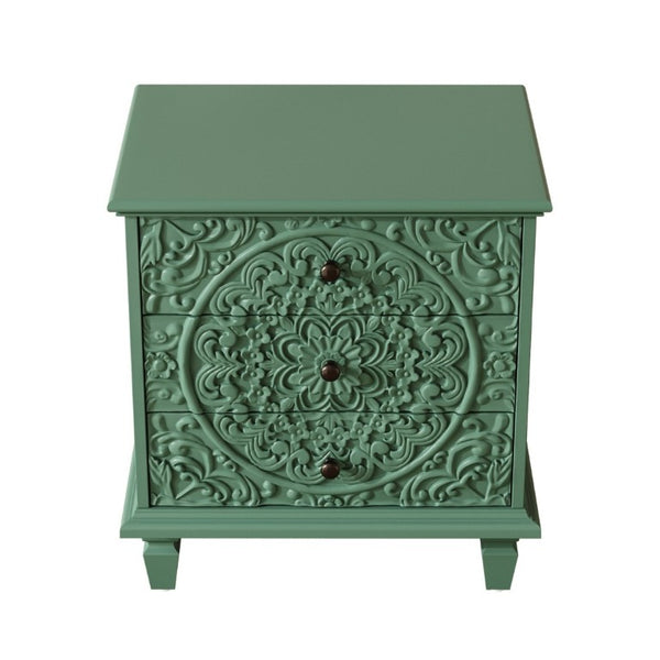 English Elm Carved Wood 3 Drawer Nightstand Embossed Floral Scrollwork Farmhouse Bedroom Accent Green W1445P517325