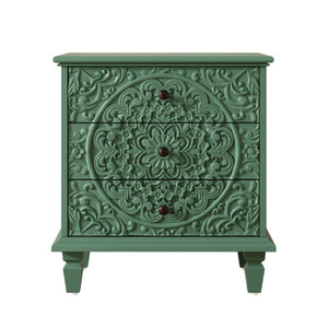 English Elm Carved Wood 3 Drawer Nightstand Embossed Floral Scrollwork Farmhouse Bedroom Accent Green W1445P517325