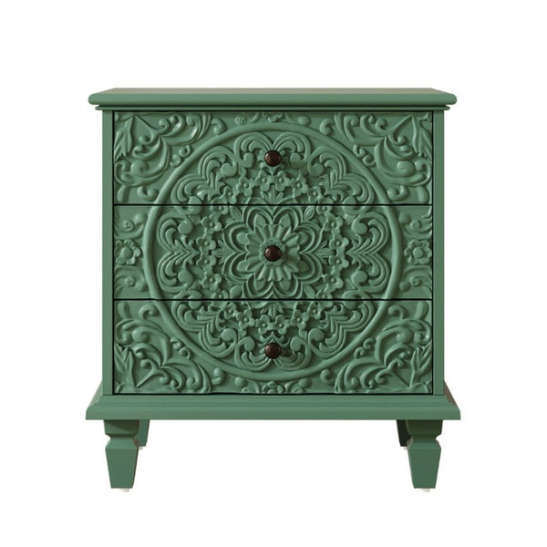 English Elm Carved Wood 3 Drawer Nightstand Embossed Floral Scrollwork Farmhouse Bedroom Accent Green W1445P517325