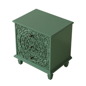 English Elm Carved Wood 3 Drawer Nightstand Embossed Floral Scrollwork Farmhouse Bedroom Accent Green W1445P517325