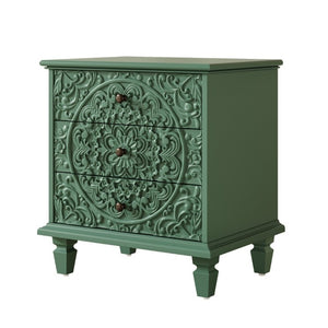 English Elm Carved Wood 3 Drawer Nightstand Embossed Floral Scrollwork Farmhouse Bedroom Accent Green W1445P517325