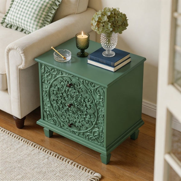 English Elm Carved Wood 3 Drawer Nightstand Embossed Floral Scrollwork Farmhouse Bedroom Accent Green W1445P517325
