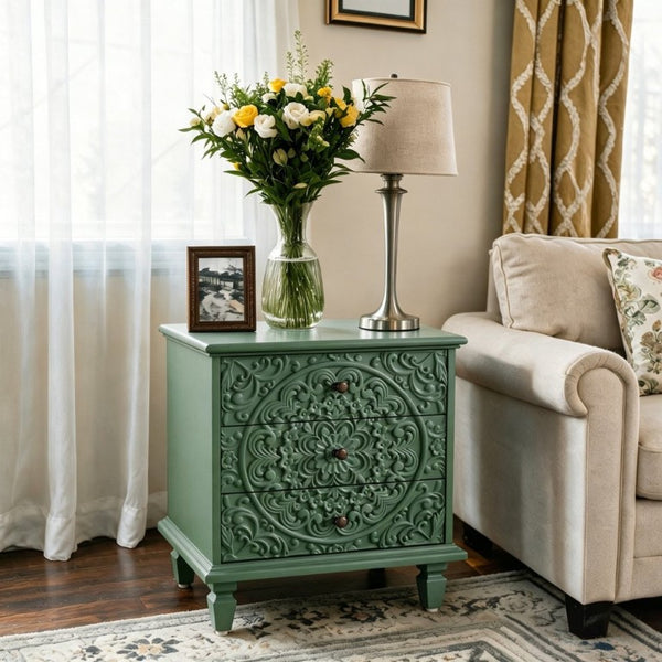 English Elm Carved Wood 3 Drawer Nightstand Embossed Floral Scrollwork Farmhouse Bedroom Accent Green W1445P517325