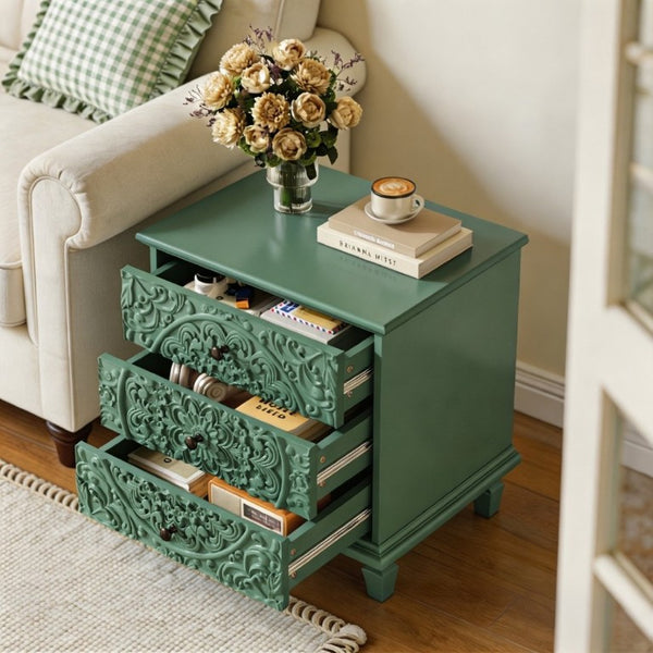 English Elm Carved Wood 3 Drawer Nightstand Embossed Floral Scrollwork Farmhouse Bedroom Accent Green W1445P517325