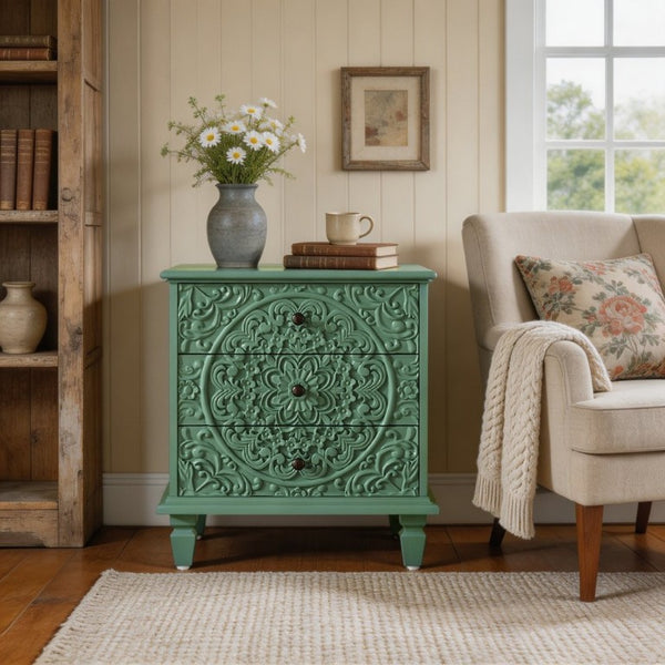 English Elm Carved Wood 3 Drawer Nightstand Embossed Floral Scrollwork Farmhouse Bedroom Accent Green W1445P517325
