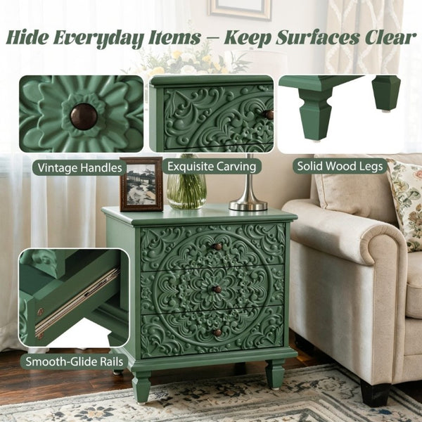 English Elm Carved Wood 3 Drawer Nightstand Embossed Floral Scrollwork Farmhouse Bedroom Accent Green W1445P517325