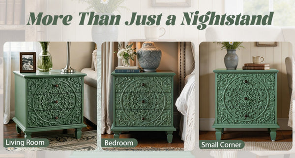 English Elm Carved Wood 3 Drawer Nightstand Embossed Floral Scrollwork Farmhouse Bedroom Accent Green W1445P517325