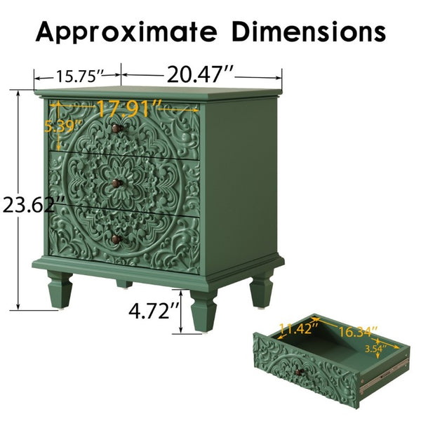 English Elm Carved Wood 3 Drawer Nightstand Embossed Floral Scrollwork Farmhouse Bedroom Accent Green W1445P517325