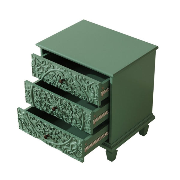 English Elm Carved Wood 3 Drawer Nightstand Embossed Floral Scrollwork Farmhouse Bedroom Accent Green W1445P517325