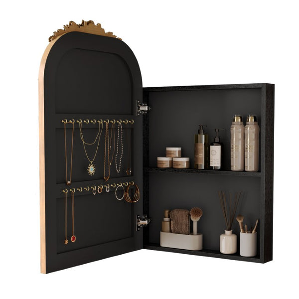 English Elm Vintage Gold Arched Medicine Cabinet with Carved Wood Frame and Jewelry Hooks Antique Gold 20" x 30" W1445P531596