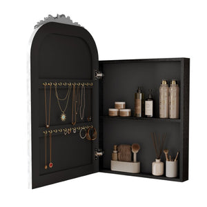English Elm Vintage Gold Arched Medicine Cabinet with Carved Wood Frame and Jewelry Hooks Antique Silver 16" x 24" W1445P531598