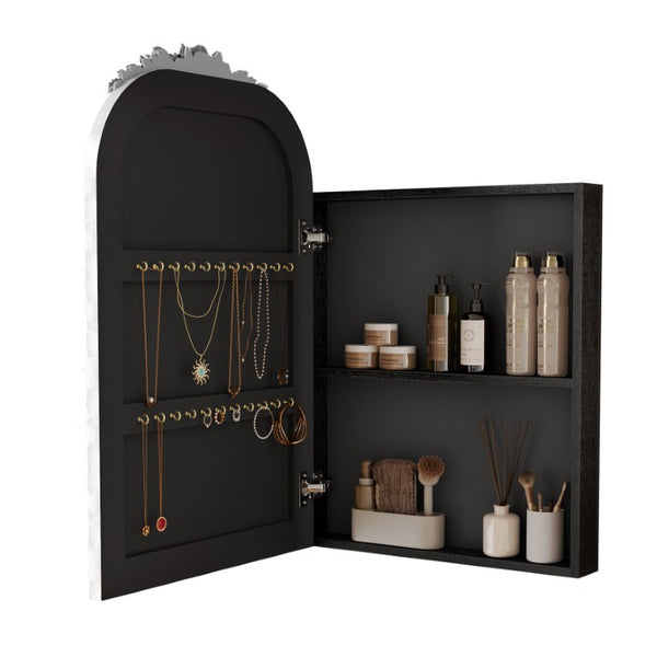 English Elm Vintage Gold Arched Medicine Cabinet with Carved Wood Frame and Jewelry Hooks Antique Silver 16" x 24" W1445P531598