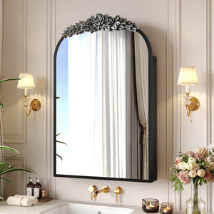 English Elm Vintage Carved Arch Medicine Cabinet with Mirror Solid Wood Farmhouse Bathroom Storage W1445P531601