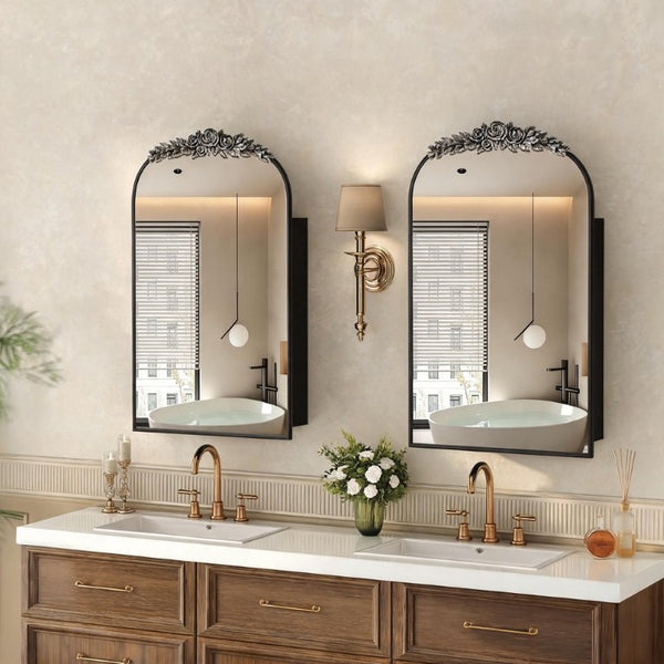 English Elm Vintage Carved Arch Medicine Cabinet with Mirror Solid Wood Farmhouse Bathroom Storage W1445P531601