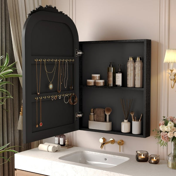 English Elm Vintage Carved Arch Medicine Cabinet with Mirror Solid Wood Farmhouse Bathroom Storage W1445P531601