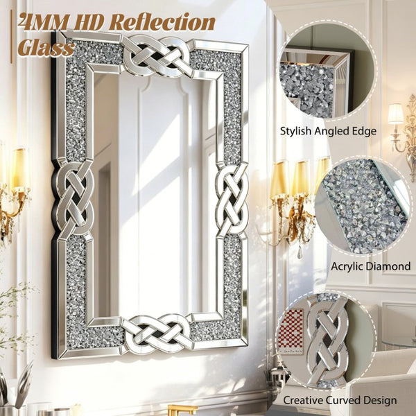 English Elm Crushed Diamond Crystal Celtic Knot Silver Rectangular Wall Mirror for Glam Interiors W1445P532238