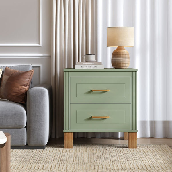 English Elm 2 Drawer Nightstand Fluted Mdf Body Solid Wood Legs Sleek Metal Handles Compact Bedside Storage Sage Green W1445P533869