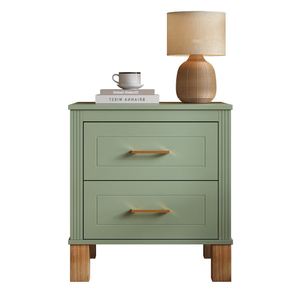 English Elm 2 Drawer Nightstand Fluted Mdf Body Solid Wood Legs Sleek Metal Handles Compact Bedside Storage Sage Green W1445P533869