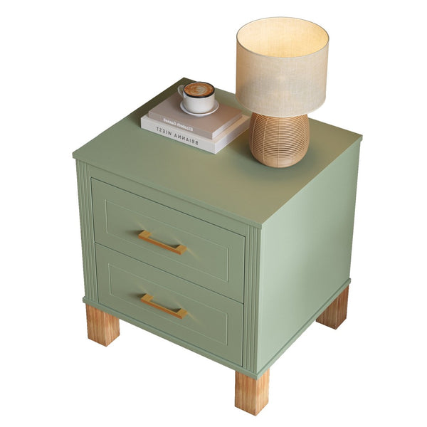 English Elm 2 Drawer Nightstand Fluted Mdf Body Solid Wood Legs Sleek Metal Handles Compact Bedside Storage Sage Green W1445P533869