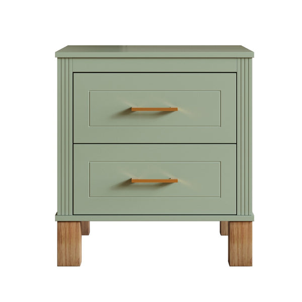 English Elm 2 Drawer Nightstand Fluted Mdf Body Solid Wood Legs Sleek Metal Handles Compact Bedside Storage Sage Green W1445P533869