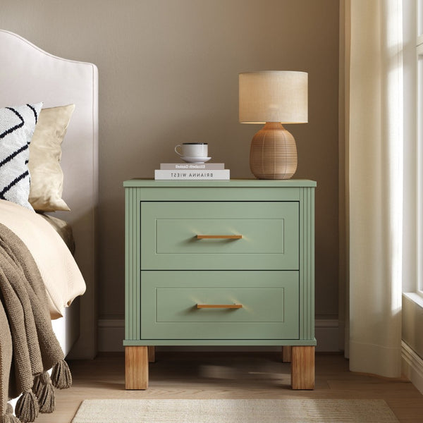 English Elm 2 Drawer Nightstand Fluted Mdf Body Solid Wood Legs Sleek Metal Handles Compact Bedside Storage Sage Green W1445P533869