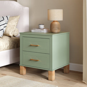 English Elm 2 Drawer Nightstand Fluted Mdf Body Solid Wood Legs Sleek Metal Handles Compact Bedside Storage Sage Green W1445P533869