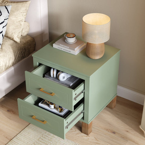 English Elm 2 Drawer Nightstand Fluted Mdf Body Solid Wood Legs Sleek Metal Handles Compact Bedside Storage Sage Green W1445P533869