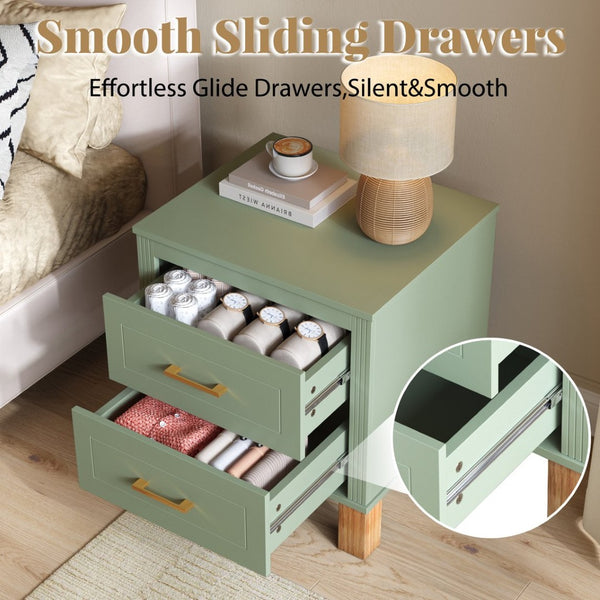 English Elm 2 Drawer Nightstand Fluted Mdf Body Solid Wood Legs Sleek Metal Handles Compact Bedside Storage Sage Green W1445P533869