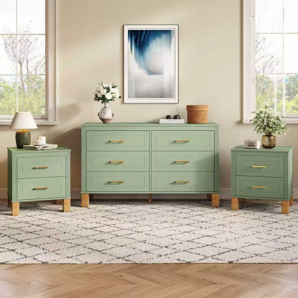 English Elm 2 Drawer Nightstand Fluted Mdf Body Solid Wood Legs Sleek Metal Handles Compact Bedside Storage Sage Green W1445P533869