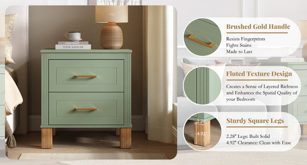 English Elm 2 Drawer Nightstand Fluted Mdf Body Solid Wood Legs Sleek Metal Handles Compact Bedside Storage Sage Green W1445P533869