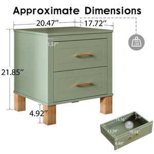 English Elm 2 Drawer Nightstand Fluted Mdf Body Solid Wood Legs Sleek Metal Handles Compact Bedside Storage Sage Green W1445P533869