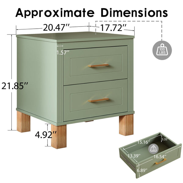 English Elm 2 Drawer Nightstand Fluted Mdf Body Solid Wood Legs Sleek Metal Handles Compact Bedside Storage Sage Green W1445P533869
