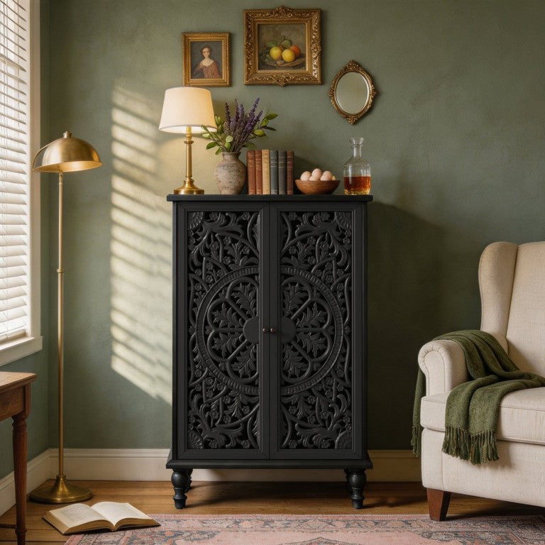 English Elm Farmhouse Accent Cabinet with Carved Floral Doors Turned Legs Entryway Display Storage Black W1445P537135