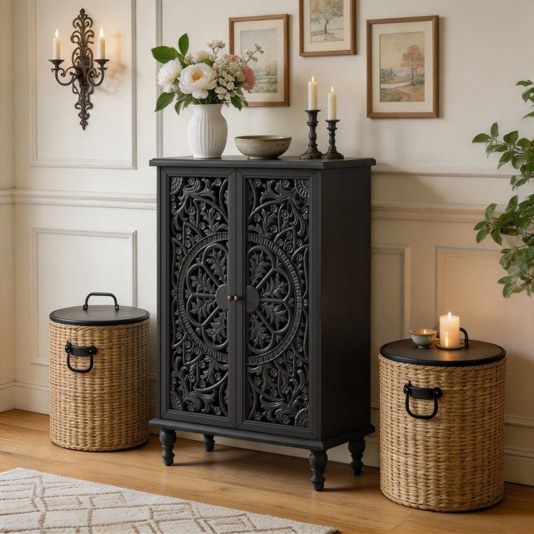 English Elm Farmhouse Accent Cabinet with Carved Floral Doors Turned Legs Entryway Display Storage Black W1445P537135