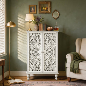 English Elm 47 Inch Tall Farmhouse Accent Cabinet Floral Carved Doors White Finish Turned Legs W1445P537136