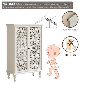 English Elm 47 Inch Tall Farmhouse Accent Cabinet Floral Carved Doors White Finish Turned Legs W1445P537136