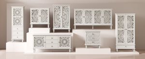 English Elm 47 Inch Tall Farmhouse Accent Cabinet Floral Carved Doors White Finish Turned Legs W1445P537136