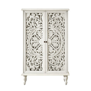 English Elm 47 Inch Tall Farmhouse Accent Cabinet Floral Carved Doors White Finish Turned Legs W1445P537136