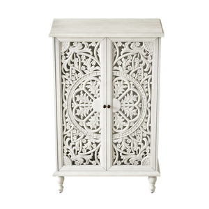 English Elm 47 Inch Tall Farmhouse Accent Cabinet Floral Carved Doors White Finish Turned Legs W1445P537136